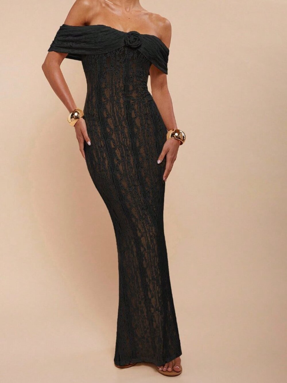 Black Elegant Women's Off-Shoulder Party Midi Dress